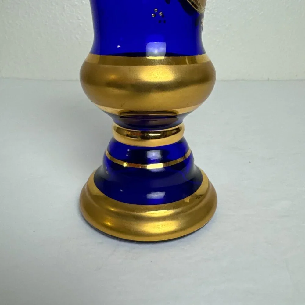 Vintage MCM Enamel Cobalt Blue Luxury Bohemian Czech Crystal Vase 24K Gold